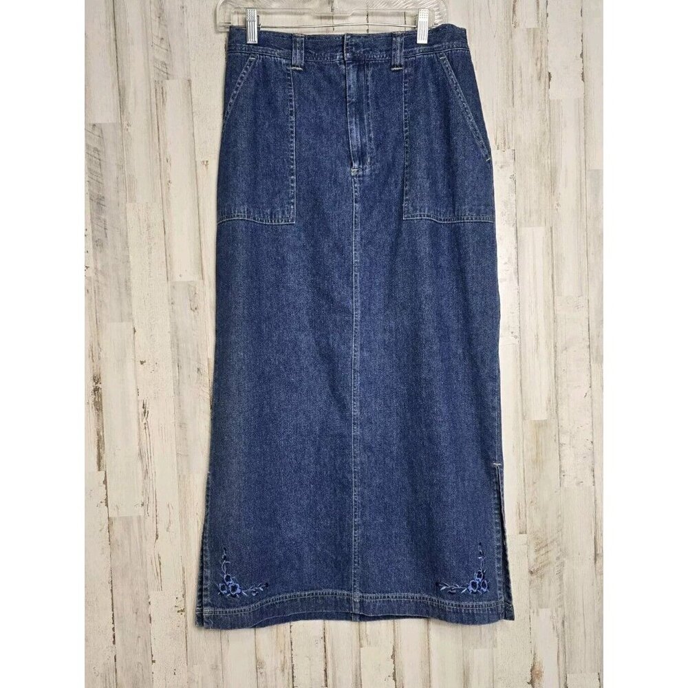 Vintage Y2K Denim Pencil Boho Midi Skirt Size 10 Embroidered - Picture 1 of 8